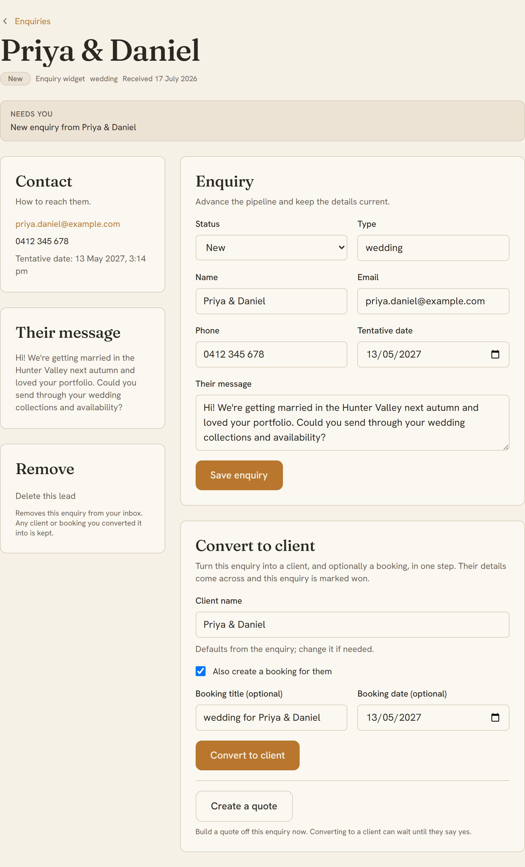 A lead with the convert-to-client control