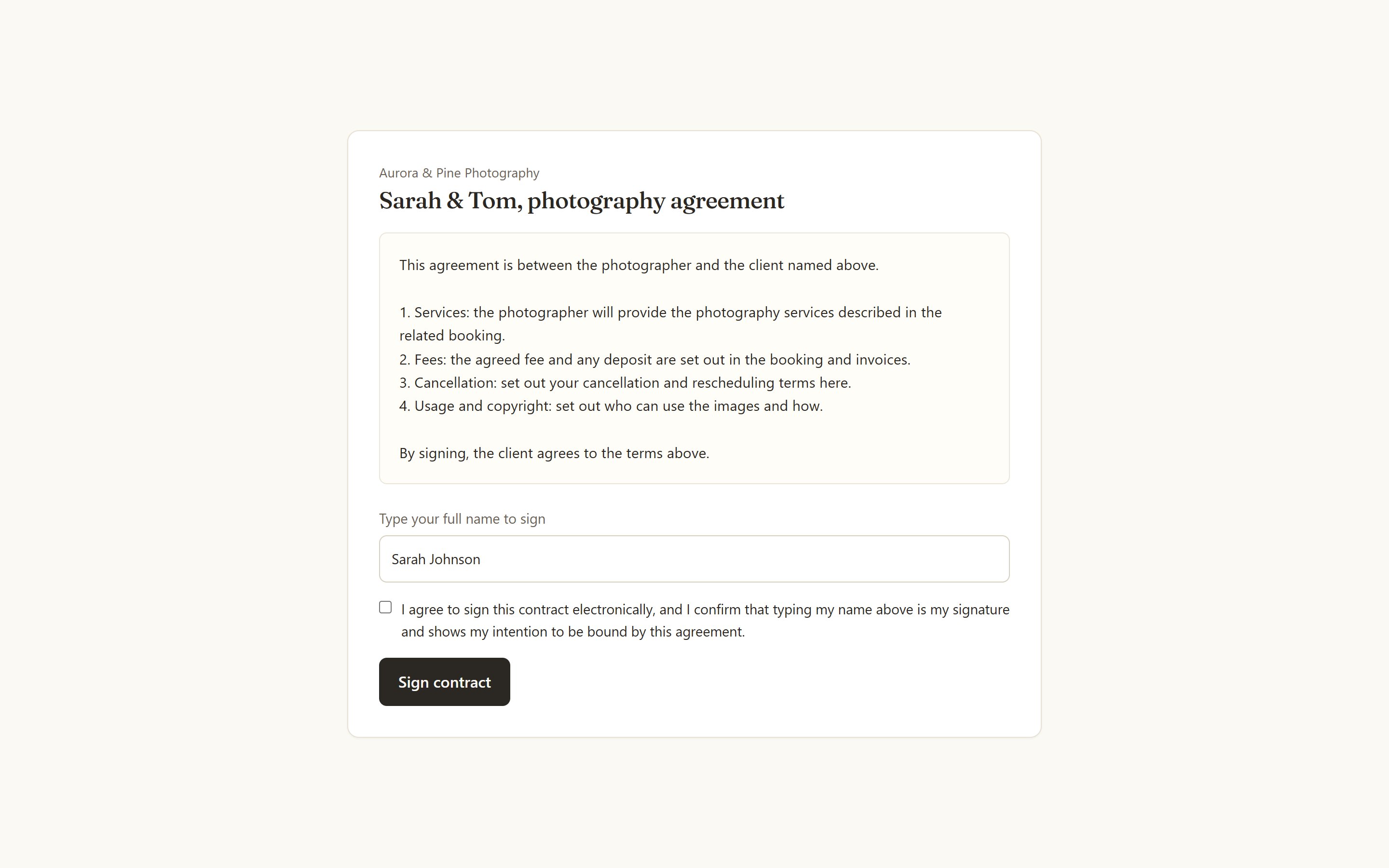 The client's signing page: type your name, tick, sign