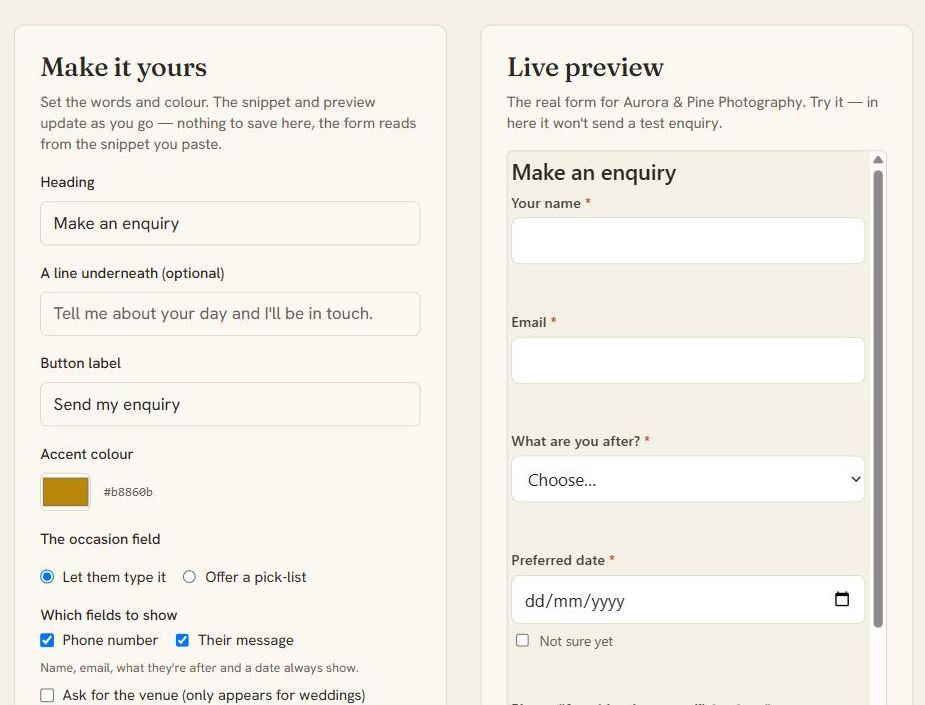 Personalising the form beside its live preview