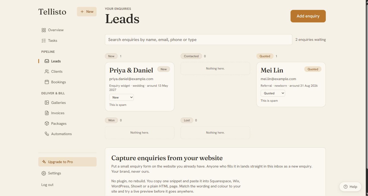 The Leads inbox with enquiries moving through new, contacted, quoted, won