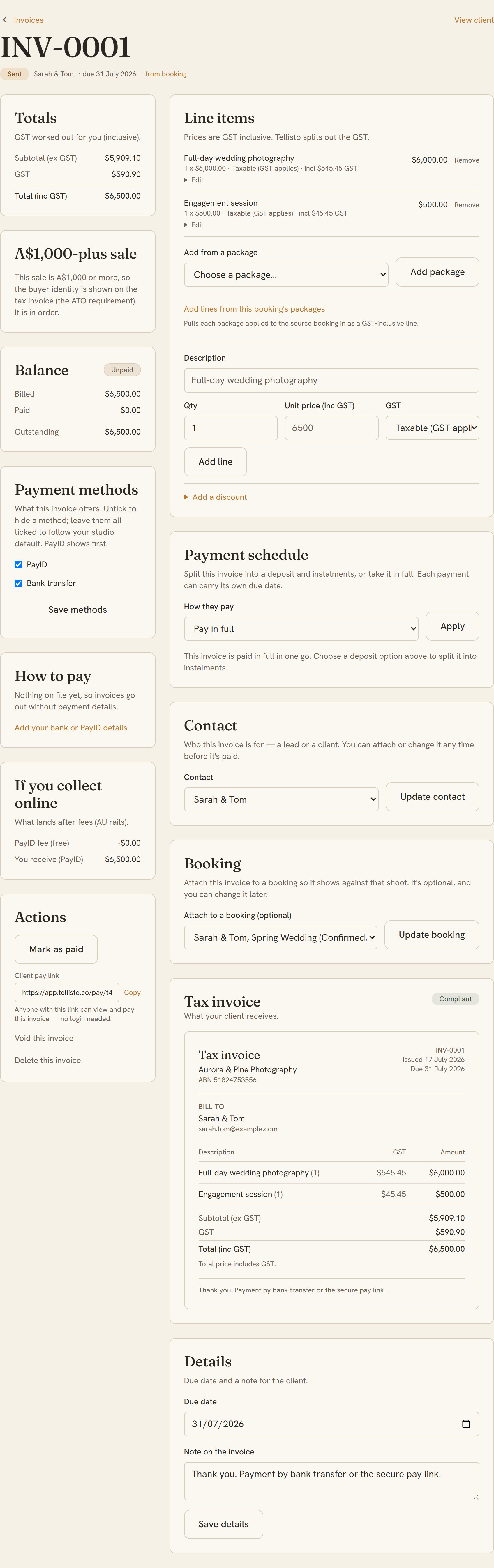 An invoice with line items and the GST split worked out