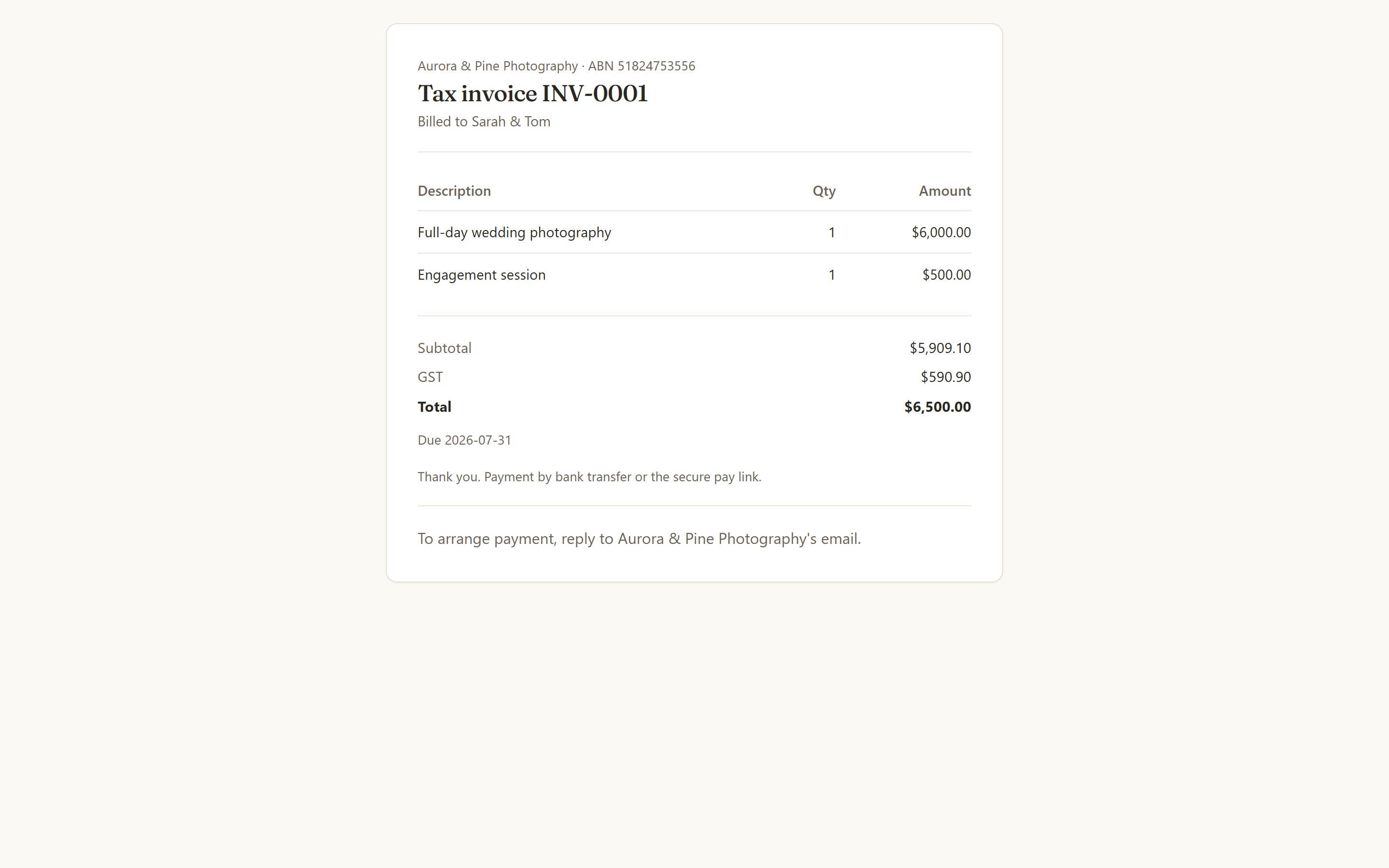 The client's pay page, on the studio's own branding
