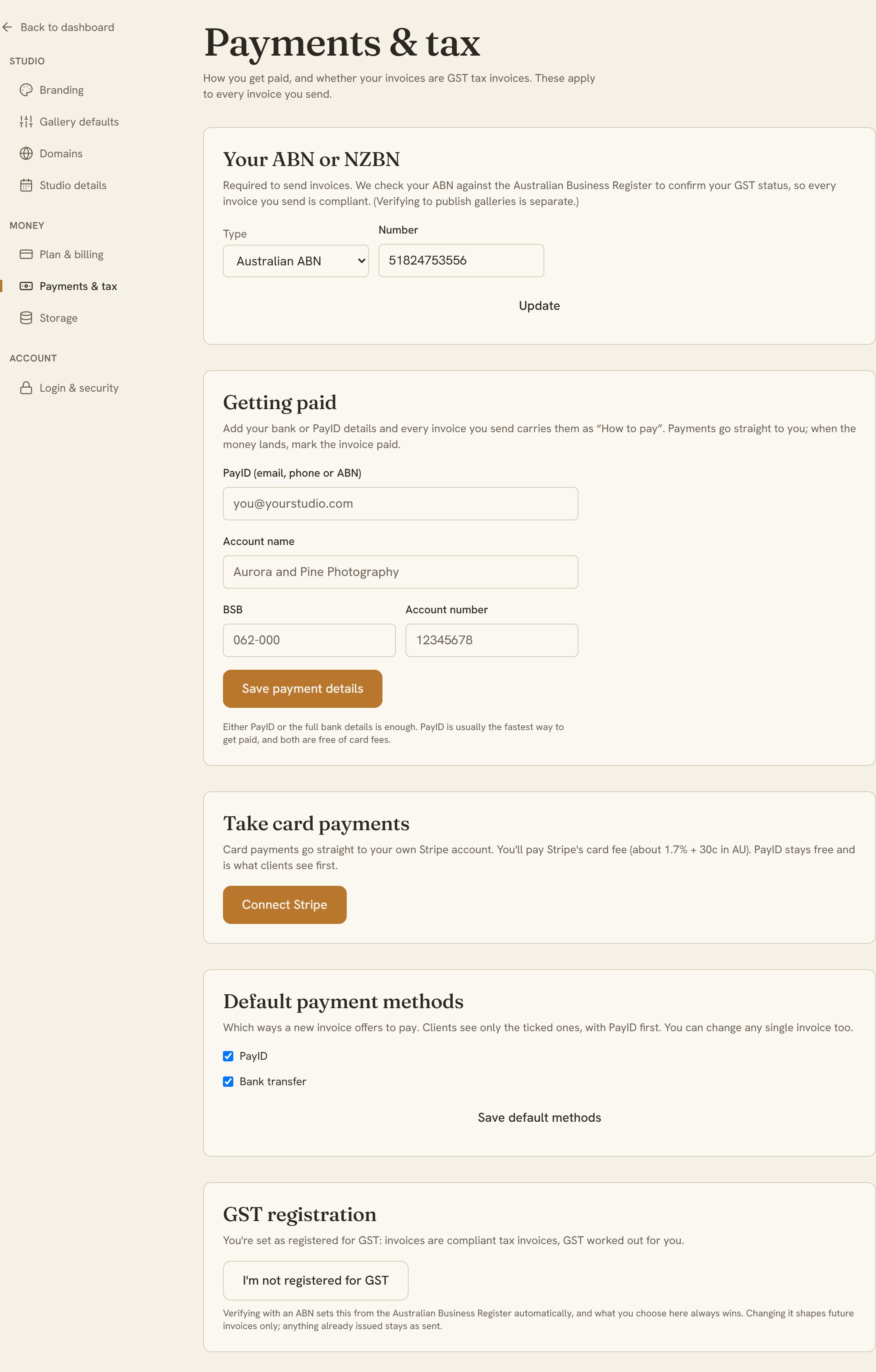Payments & tax settings: ABN, getting paid, GST registration