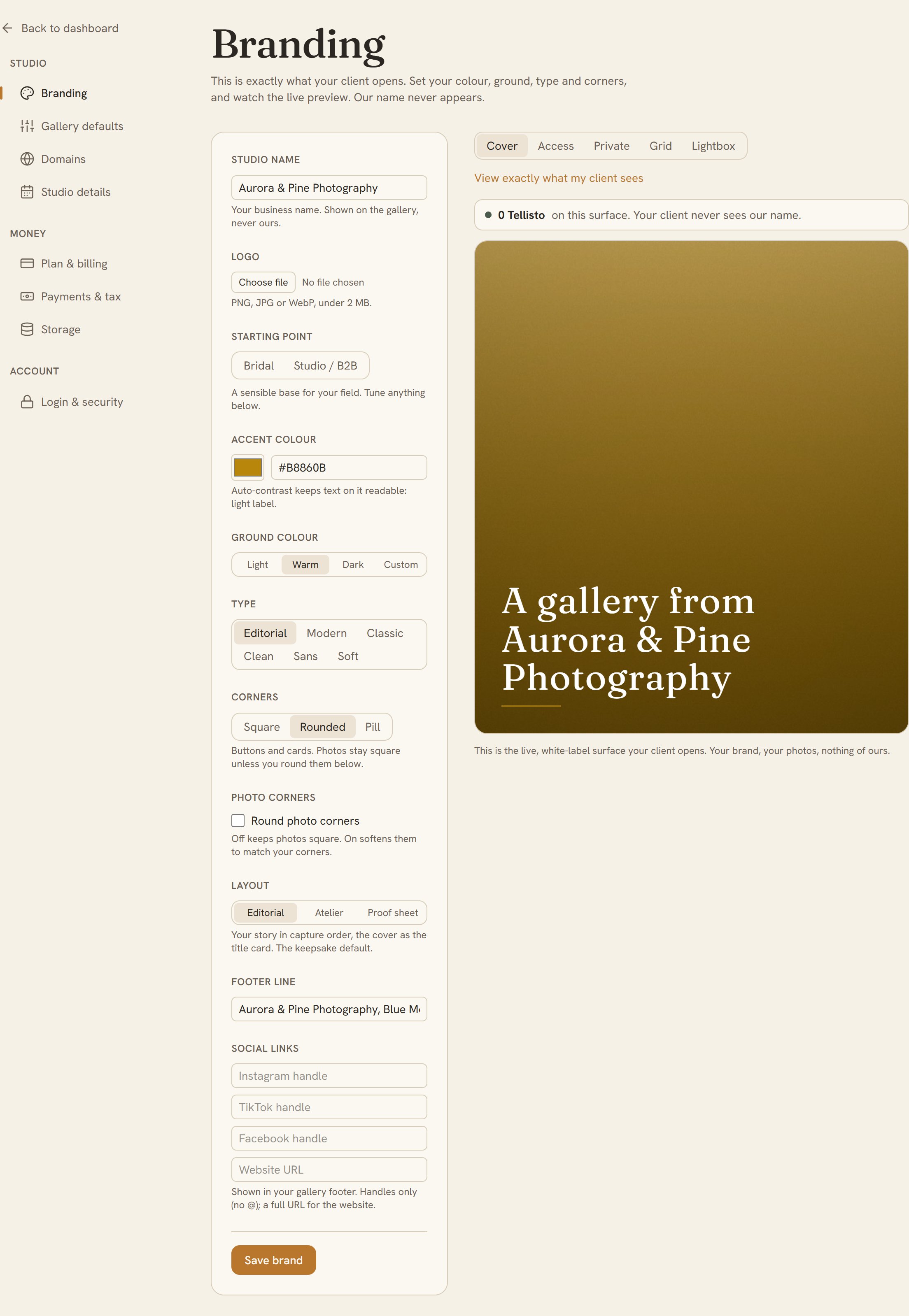 Branding settings beside the live client preview