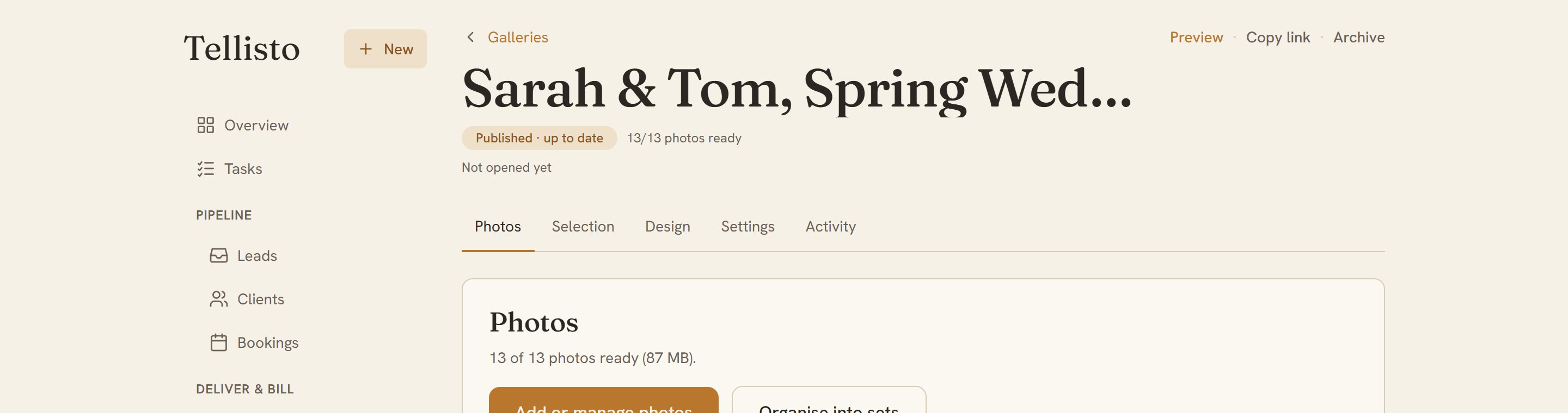 The gallery header once live, with Preview and Copy link