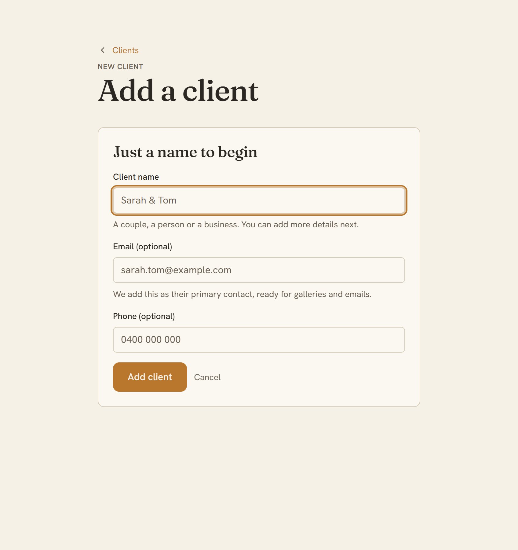 Adding a client: name, email, phone