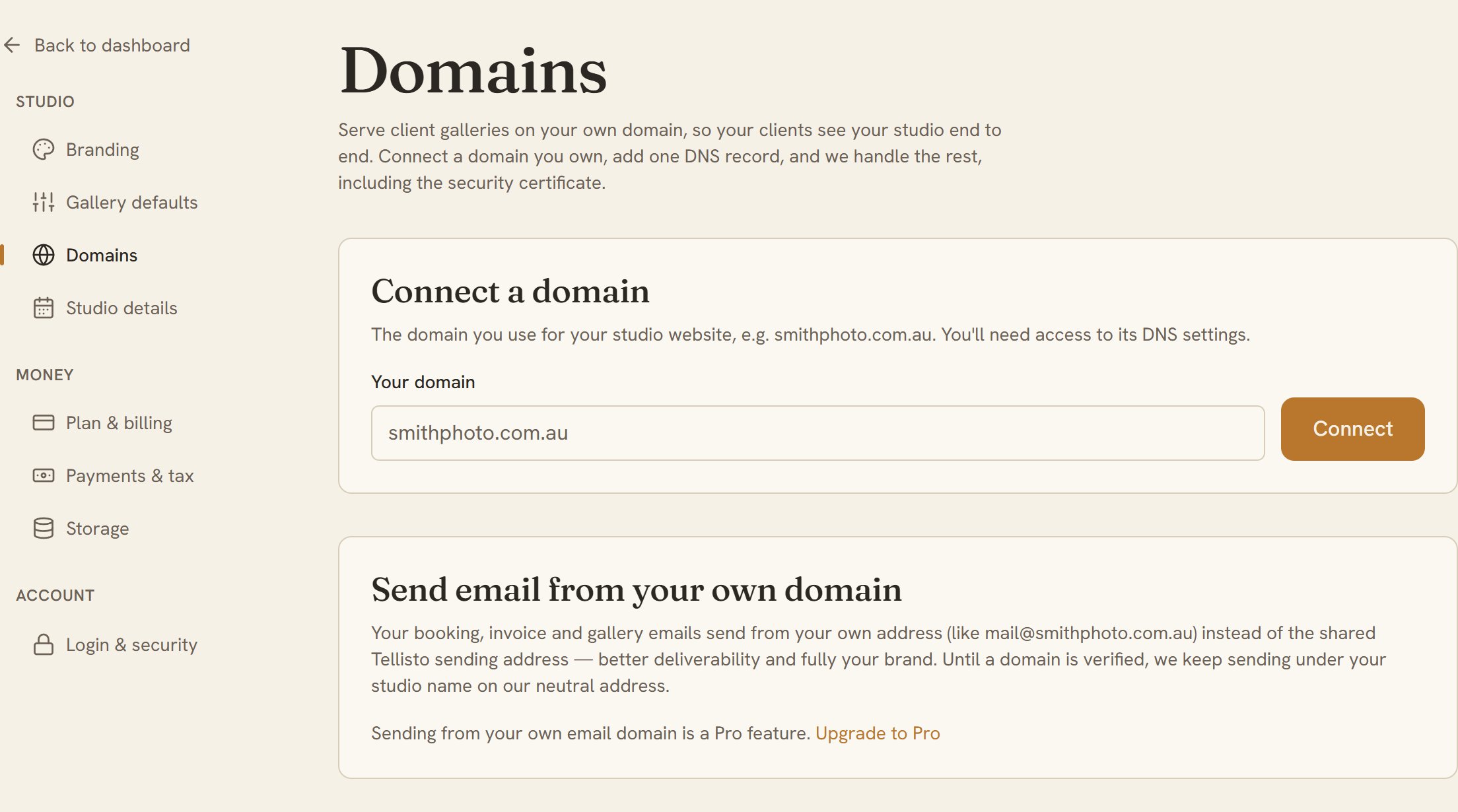 The connect-a-domain panel in Settings