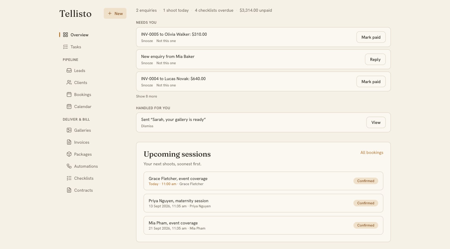 The Tellisto Overview: a Needs You list with an invoice to mark paid and a new enquiry to reply to, a Handled For You note saying a gallery-ready email was sent, upcoming confirmed sessions, and a sidebar listing Overview, Tasks, Leads, Clients, Bookings, Calendar, Galleries, Invoices, Packages, Automations, Checklists and Contracts.