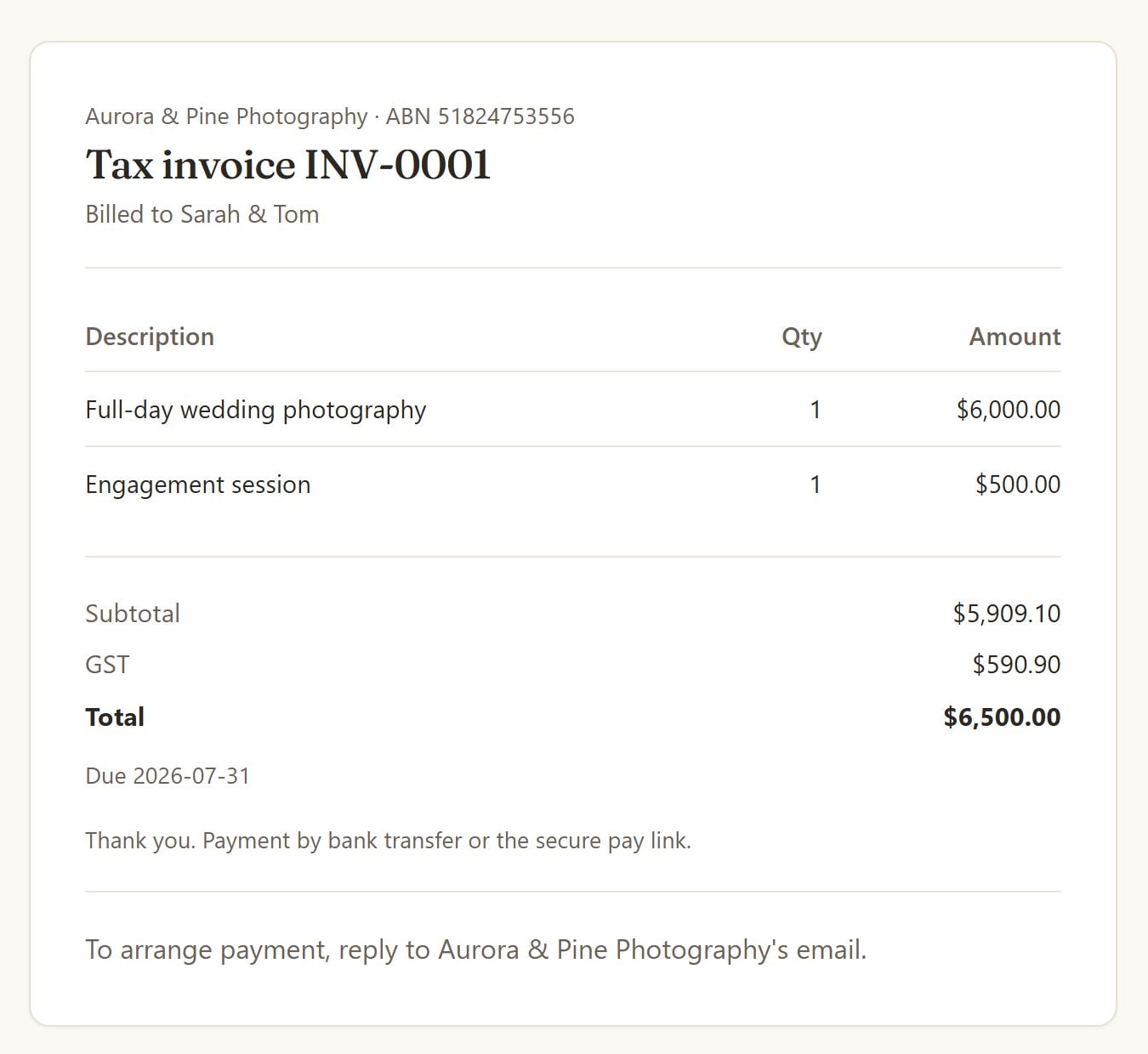 A tax invoice as the client sees it, headed Aurora & Pine Photography with their business number, showing full-day wedding photography and an engagement session, a subtotal of $5,909.10, GST of $590.90 and a total of $6,500.00.